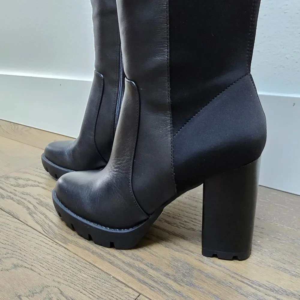 Charles David Gala Leather Tall Pointed Toe Lug Sole Block Heel Boot in Black